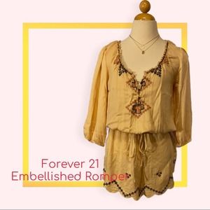 4/$20 FOREVER 21 Cream Yellow Embellished Cinched Waist Beaded Romper Size Small
